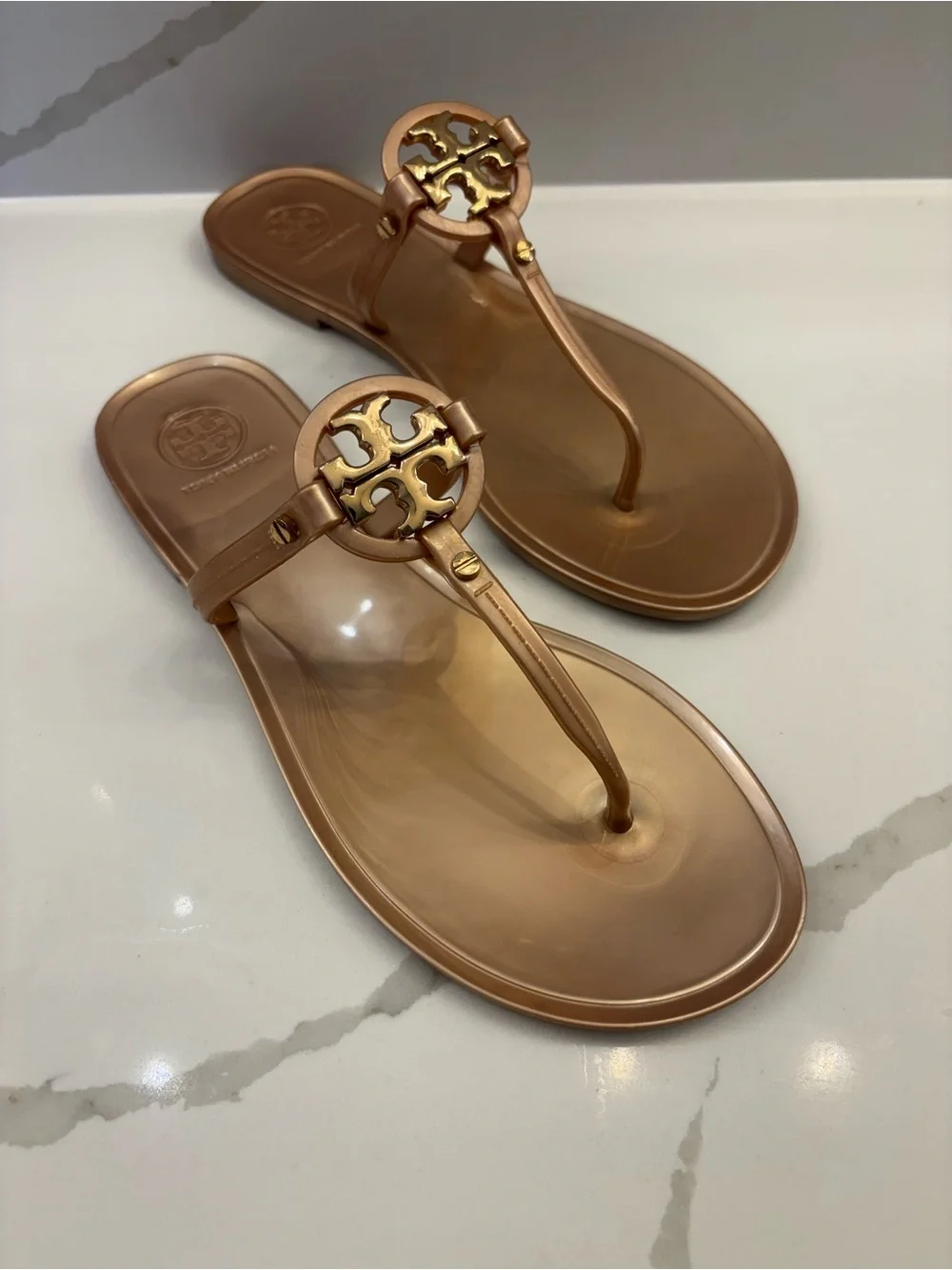 Tory Burch Metallic Bronze Jelly Logo Thong Sandals